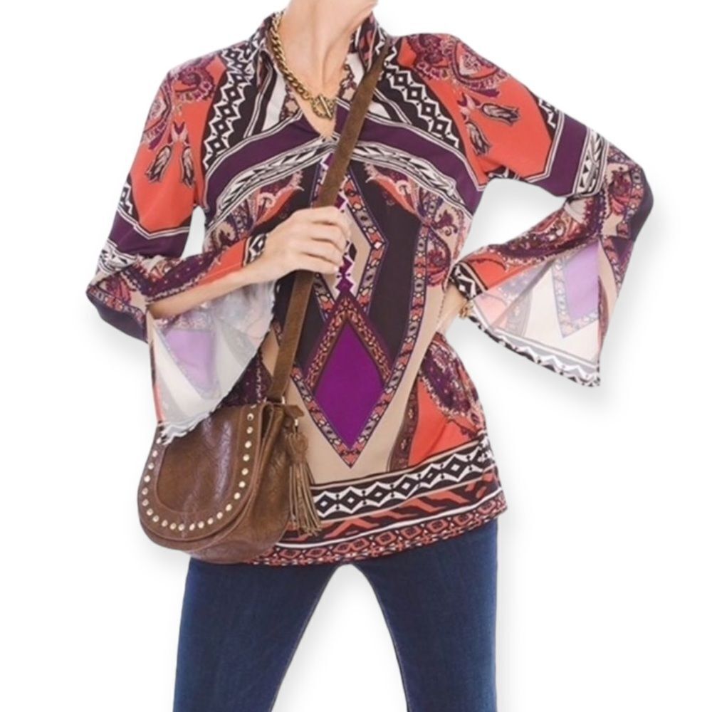 Boho Tribal Multicolor V Neck Long Flared Bell Sleeve Abstract Top NEW